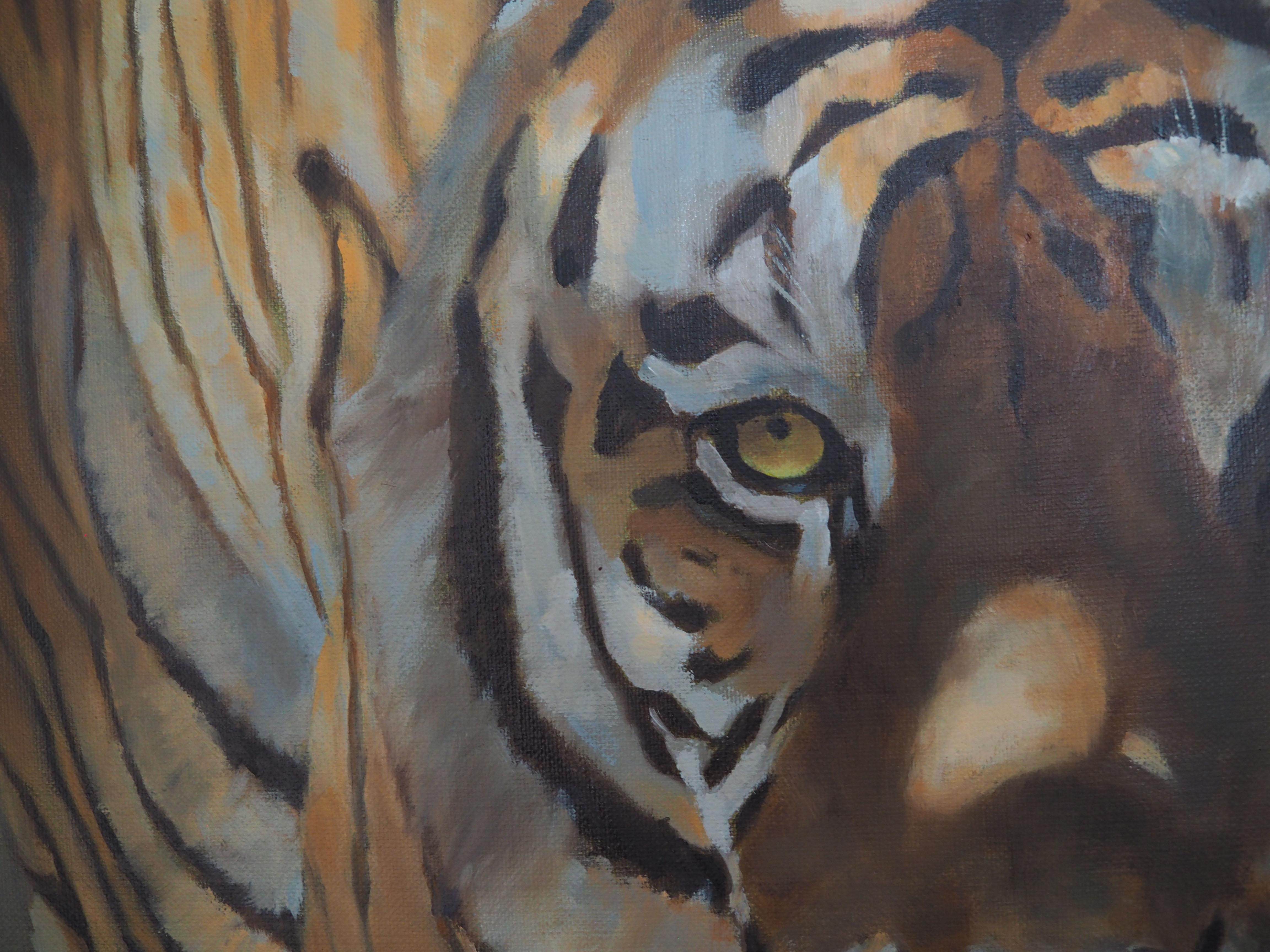 Sylvie AJACQUES Tiger walking towards the viewer Oil on canvas For Sale 3
