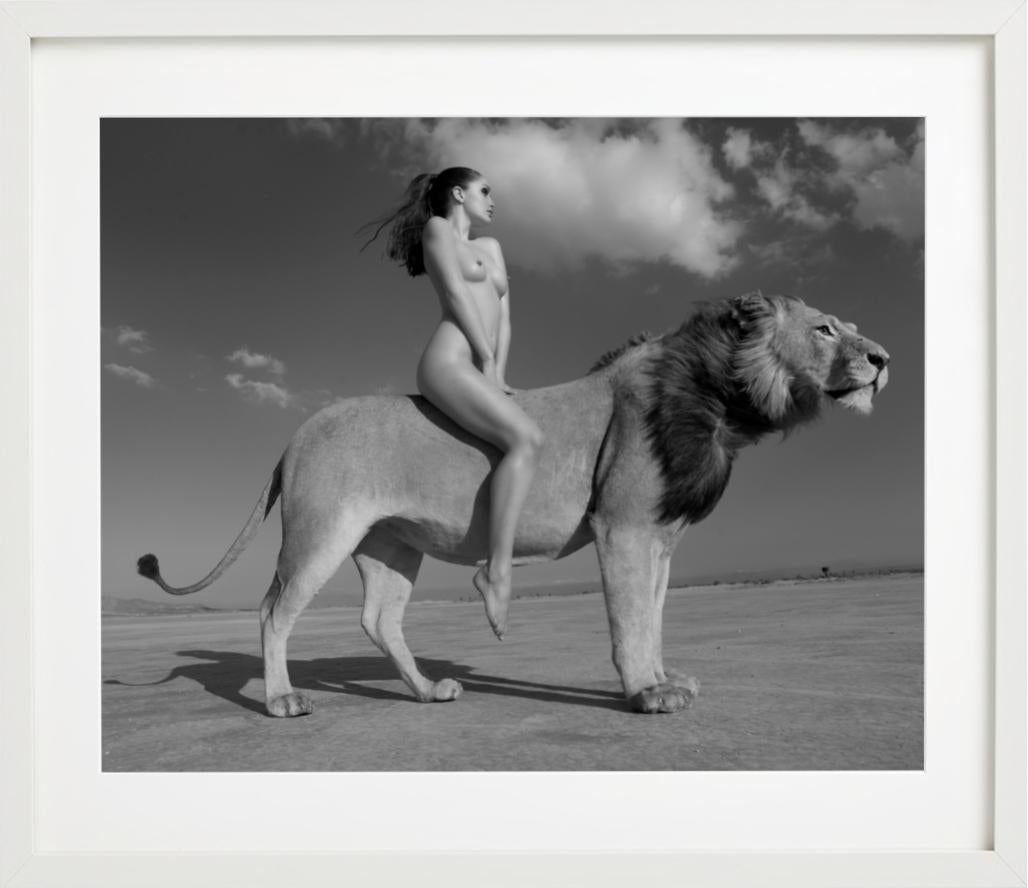 Angela rides the lion -  nude with lion in the desert, fine art photography 2008 For Sale 3