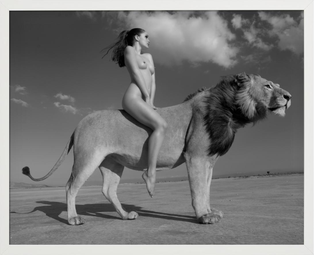 Angela rides the lion -  nude with lion in the desert, fine art photography 2008 For Sale 2