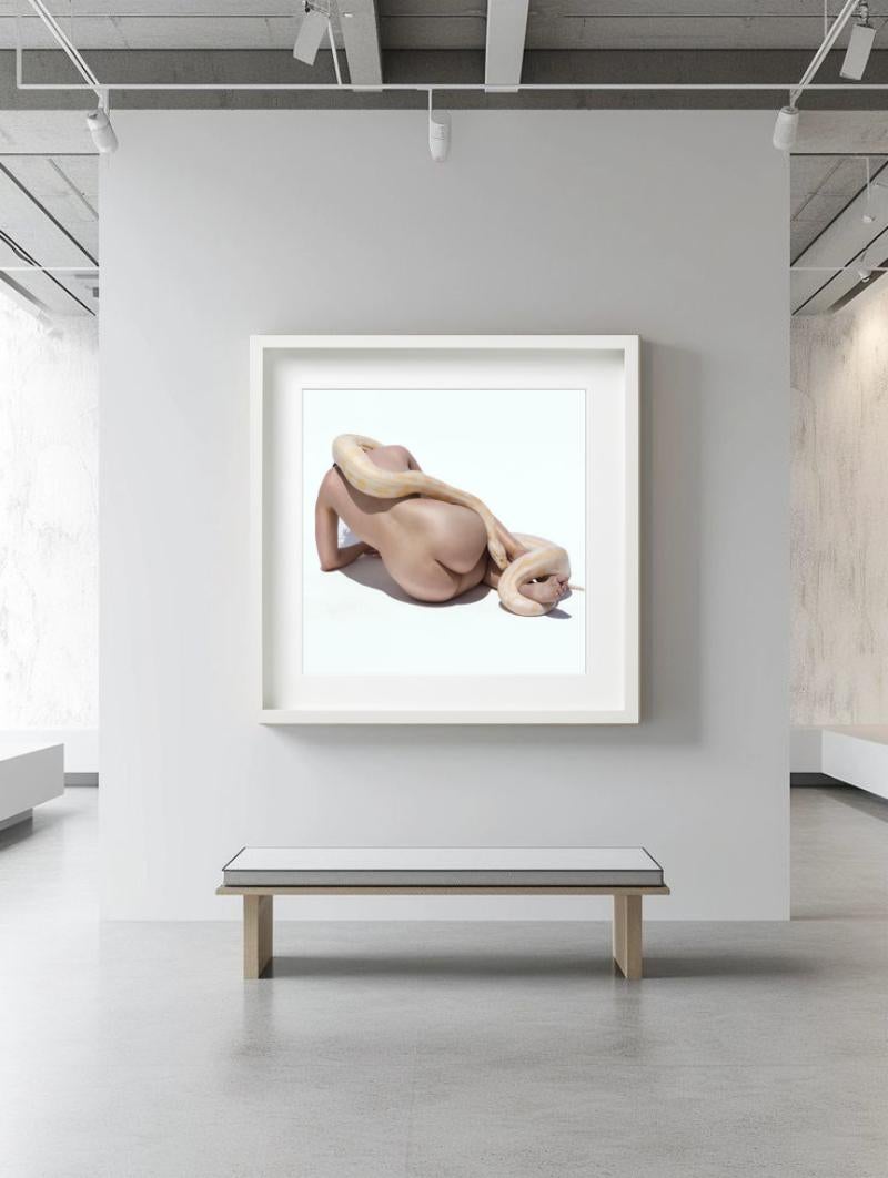 Giant Albino Python - Nude with Animal, Fine Art Photography, 2017 - Gray Color Photograph by Sylvie Blum