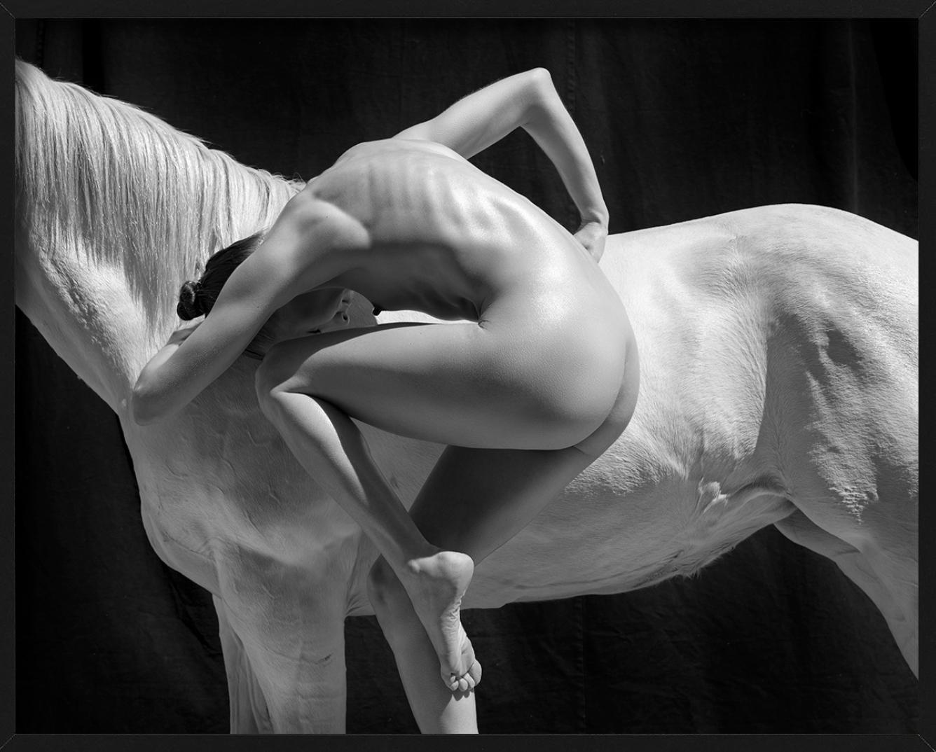 Pferde – Nackte Frau in acrobatischem Pose mit Pferd, Kunstfotografie im Angebot 2