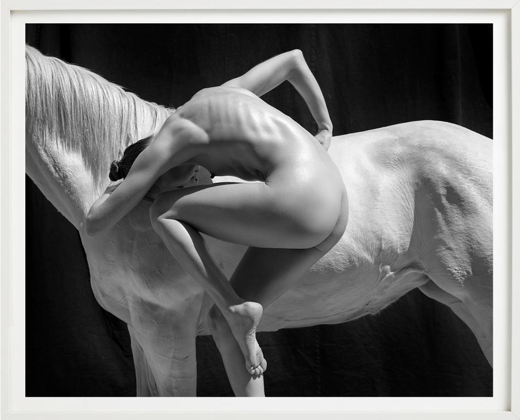 Pferde – Nackte Frau in acrobatischem Pose mit Pferd, Kunstfotografie im Angebot 3