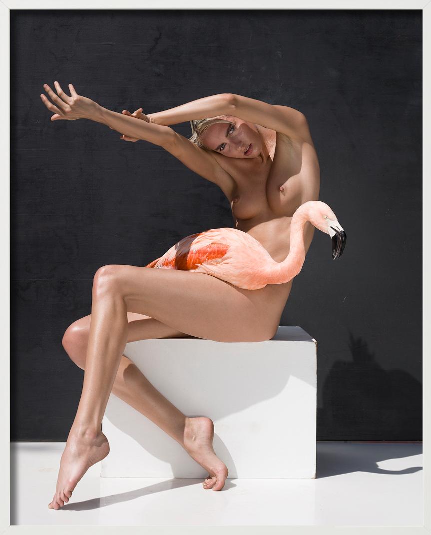 The Birds - Nude with Flamingo, Fine Art Photography - Black Color Photograph by Sylvie Blum