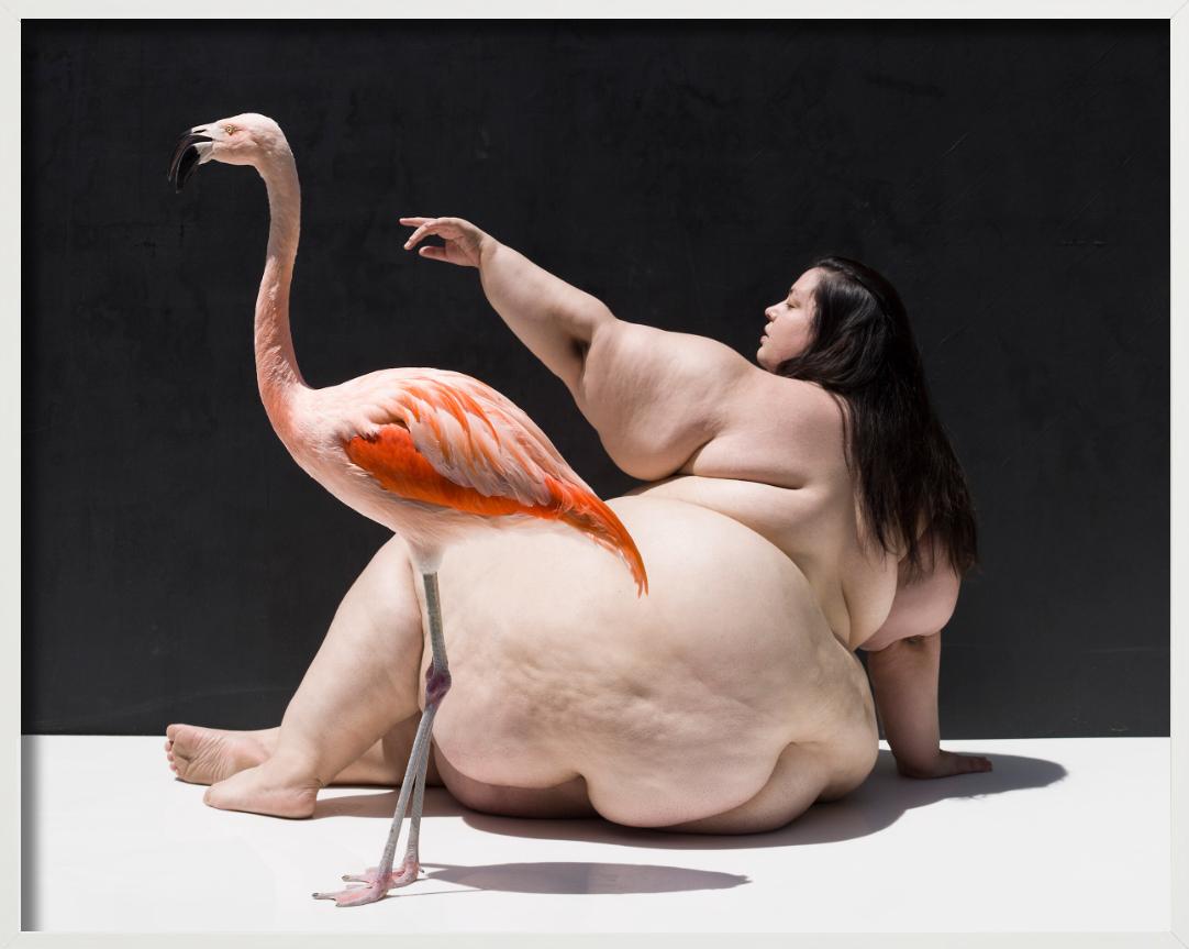 The Birds - Nude with Flamingo, Fine Art Photography - Black Nude Photograph by Sylvie Blum