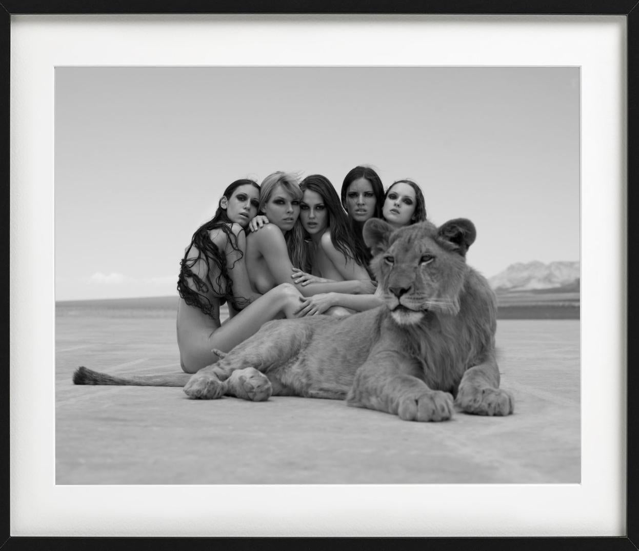 The lion king- group portrait of nude models, posing with a lion in the desert - Contemporary Photograph by Sylvie Blum