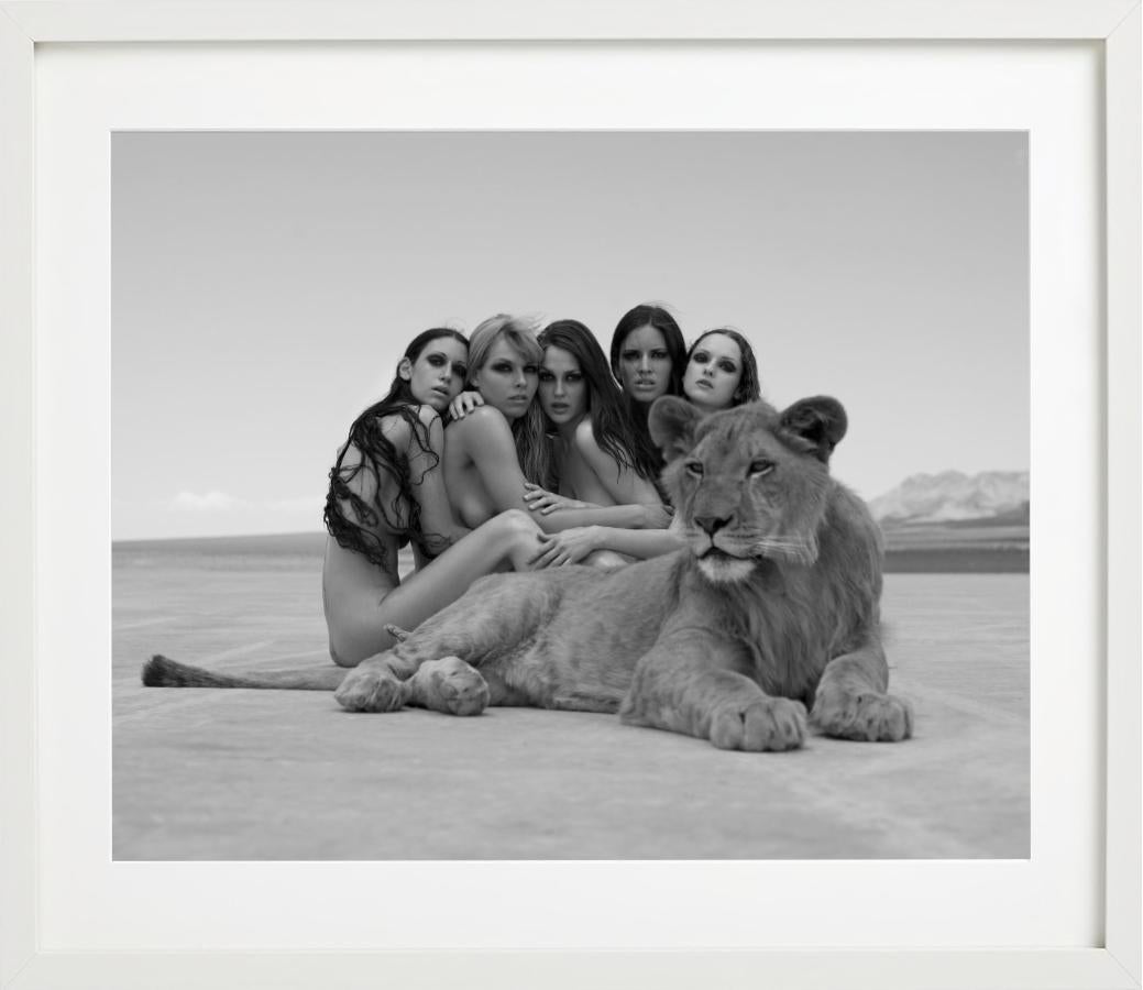 The lion king- group portrait of nude models, posing with a lion in the desert - Gray Nude Photograph by Sylvie Blum