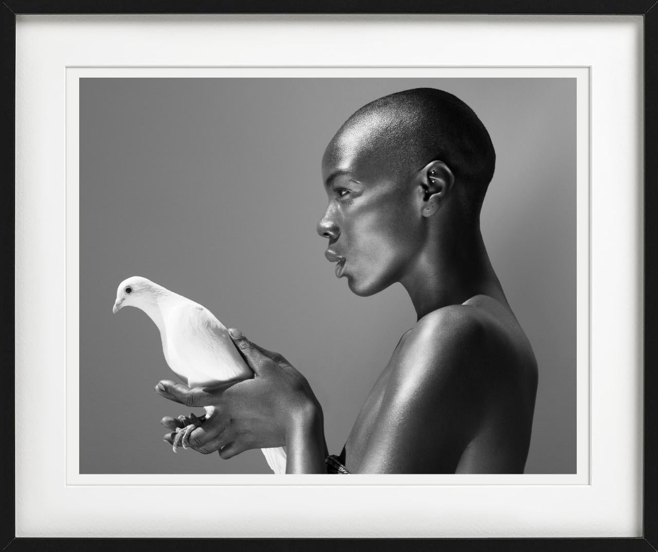 Il piccione - Nudo in bianco e nero con animale, Fotografia Fine Art, 2017 in vendita 1