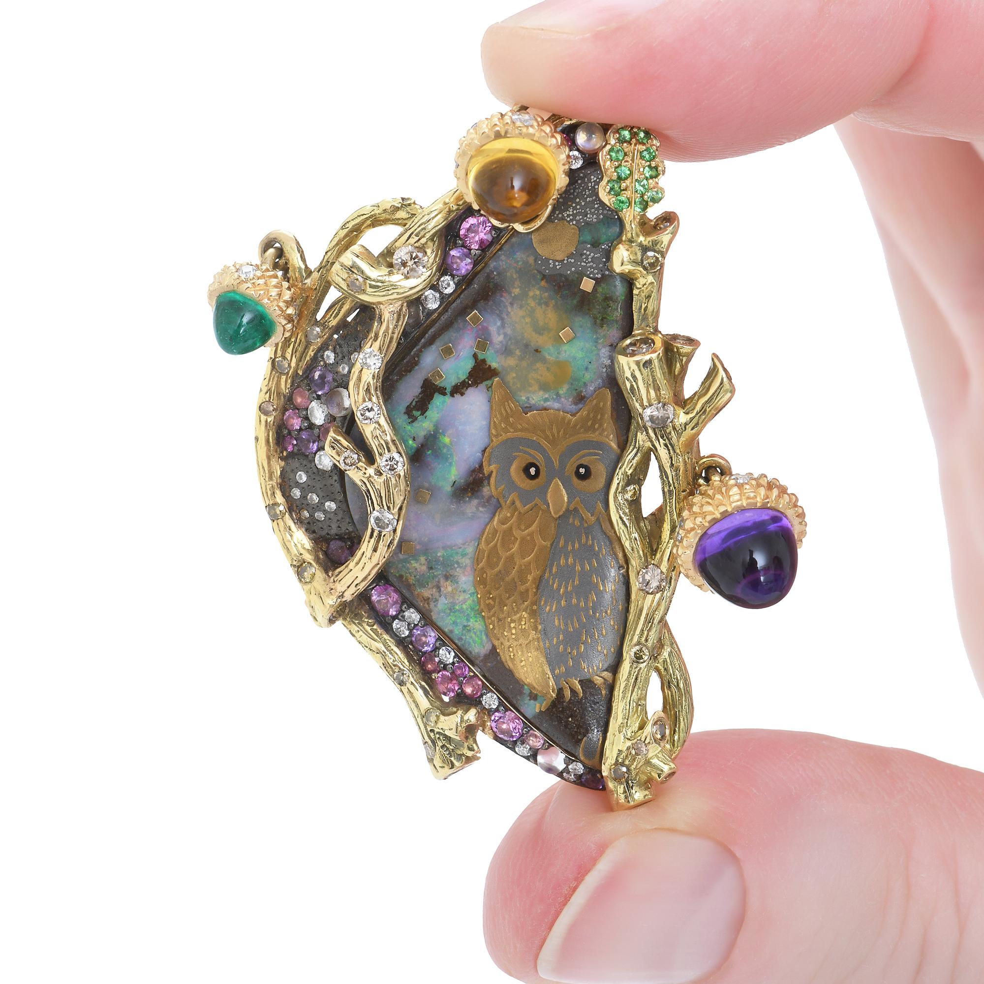 Contemporary Sylvie Corbelin, One of a Kind Opal and Diamond Owl Gold Ring For Sale