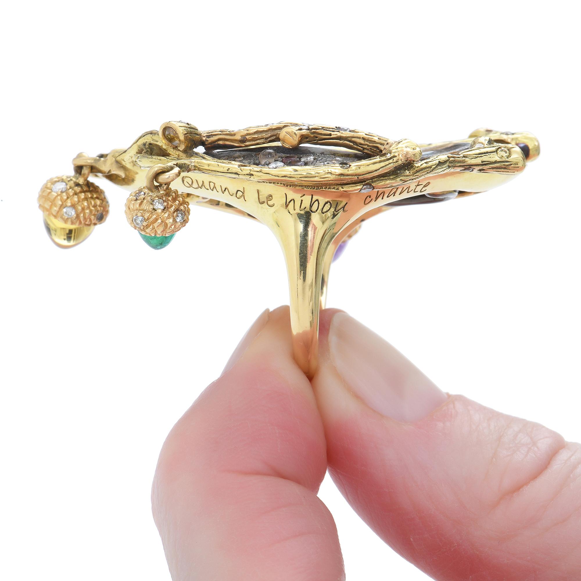 Sylvie Corbelin, One of a Kind Opal and Diamond Owl Gold Ring For Sale 1
