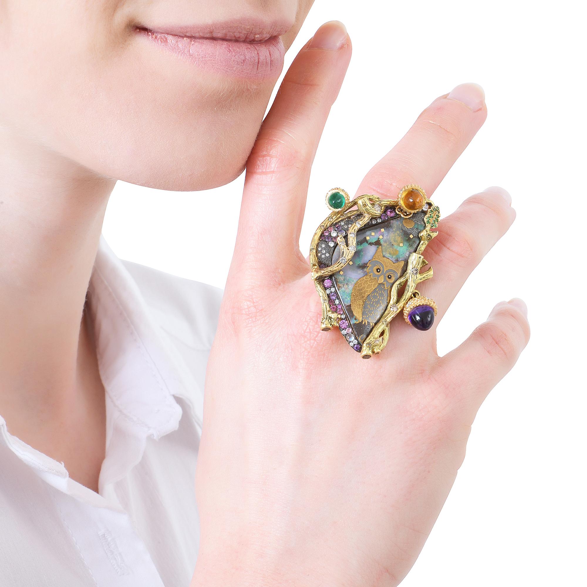 Sylvie Corbelin, One of a Kind Opal and Diamond Owl Gold Ring For Sale 3