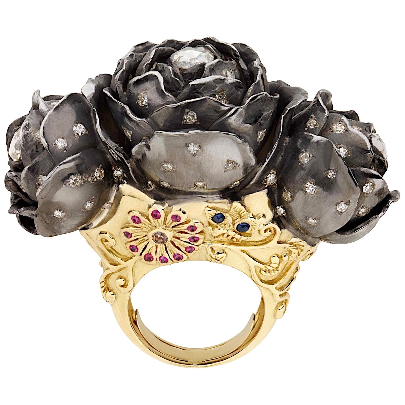 Sylvie Corbelin One of a Kind Three Rose Flowers Ring For Sale