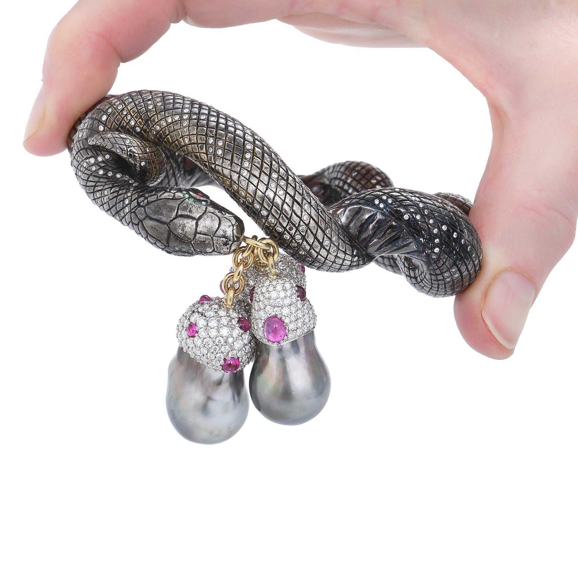 Contemporary Sylvie Corbelin, Unique Snake Twisted Silver and Diamonds Bracelet For Sale