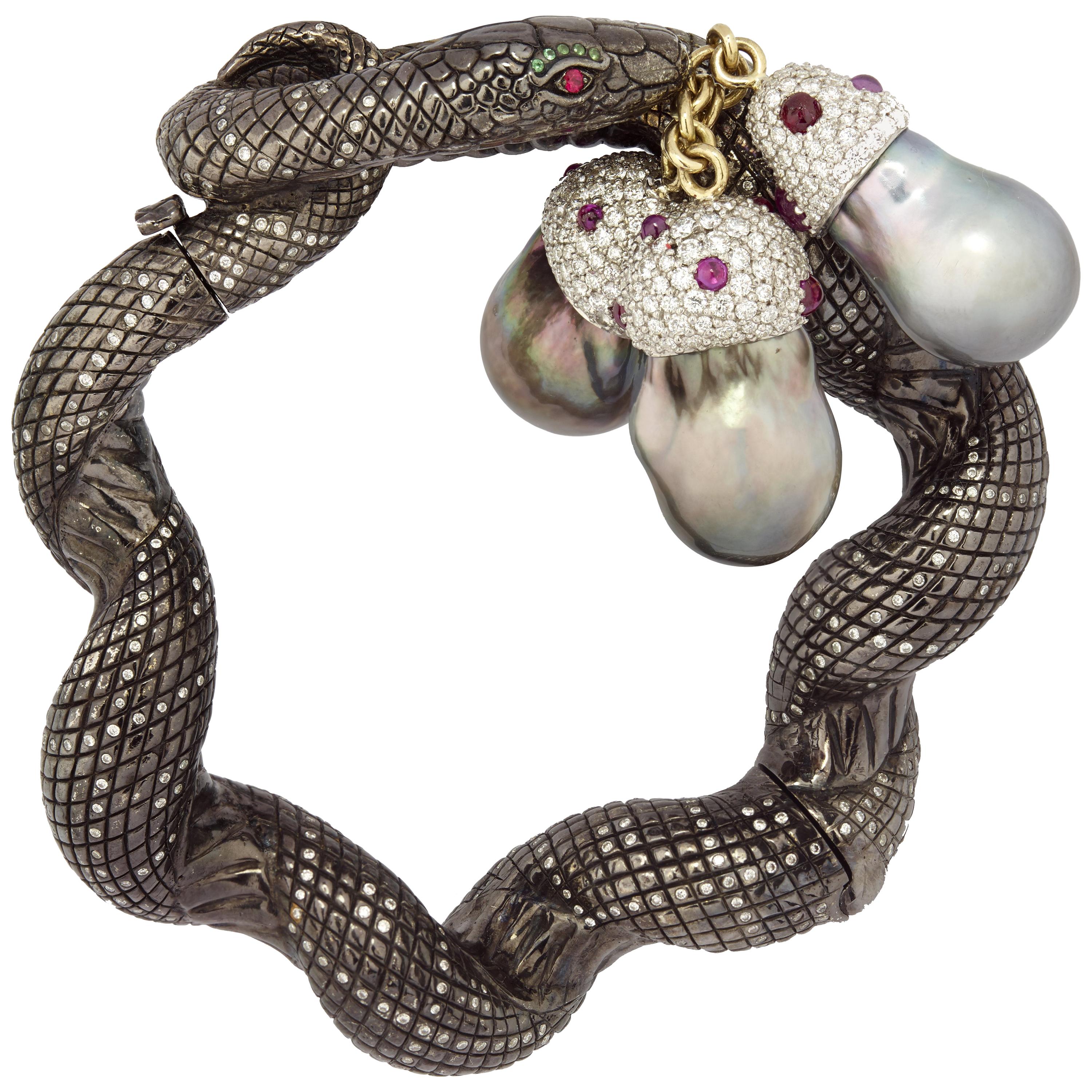 Sylvie Corbelin, Unique Snake Twisted Silver and Diamonds Bracelet For Sale