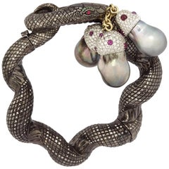Sylvie Corbelin, Unique Snake Twisted Silver and Diamonds Bracelet