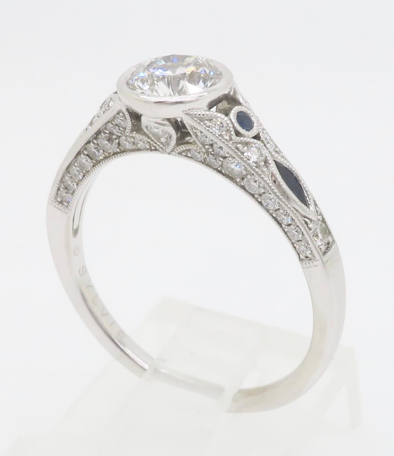 Sylvie Diamond & Blue Sapphire Ring with a GIA Certified Center Diamond 7