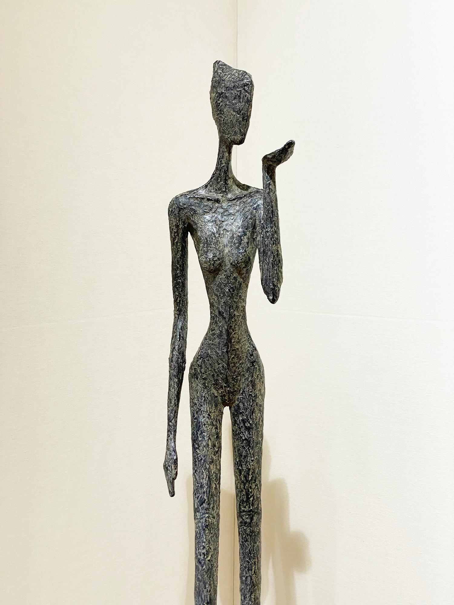 Sylvie Mangaud Nude Sculpture -  Sentiment figurative nude bronze woman blowing kiss Giacometti style S. Mangaud