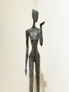  Sentiment figurative nude bronze woman blowing kiss Giacometti style S. Mangaud