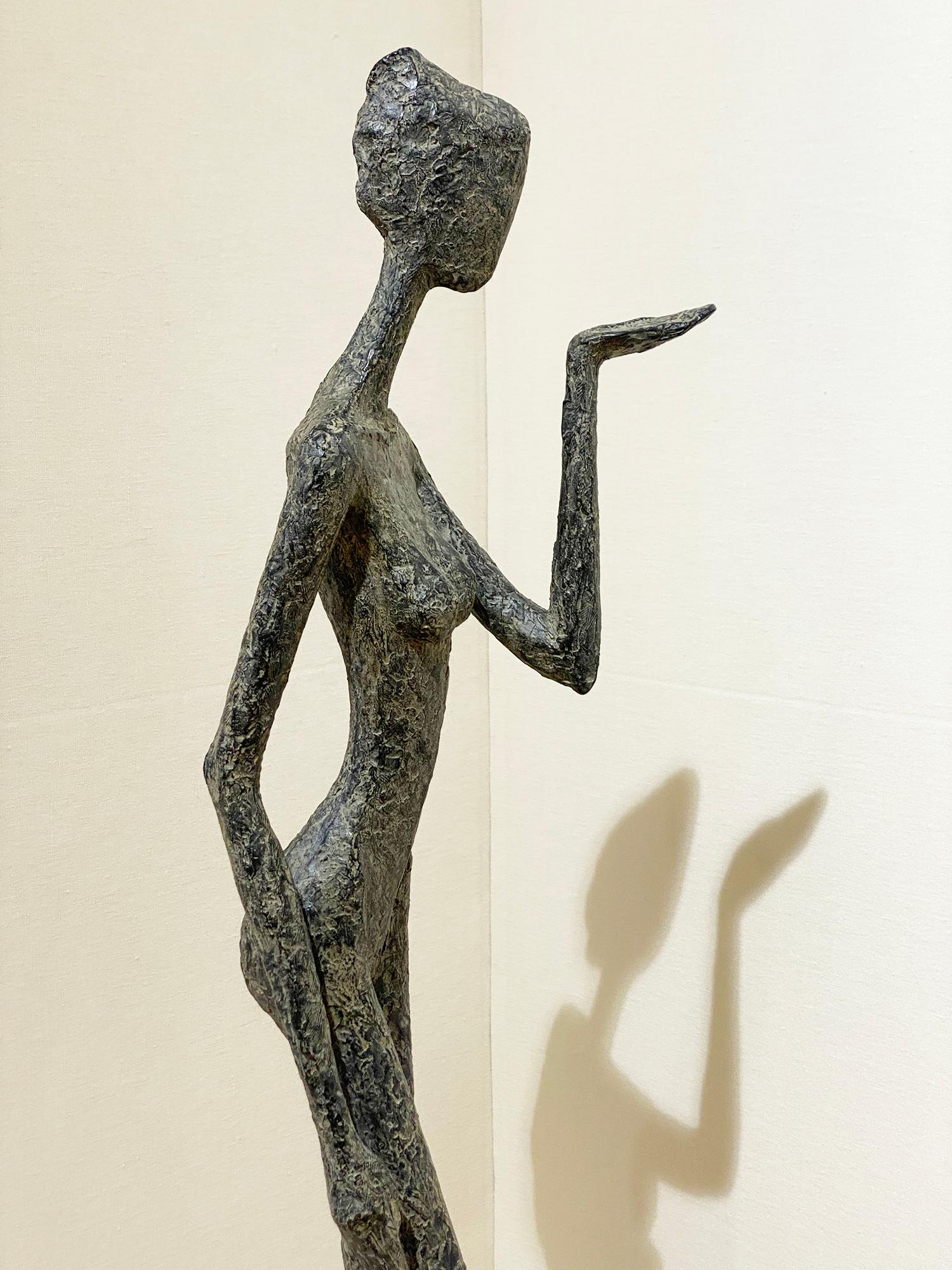  Sentiment figurative nude bronze woman blowing kiss Giacometti style S. Mangaud - Contemporary Sculpture by Sylvie Mangaud