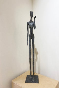 Sentiment figurative nude bronze woman blowing kiss Giacometti style S. Mangaud