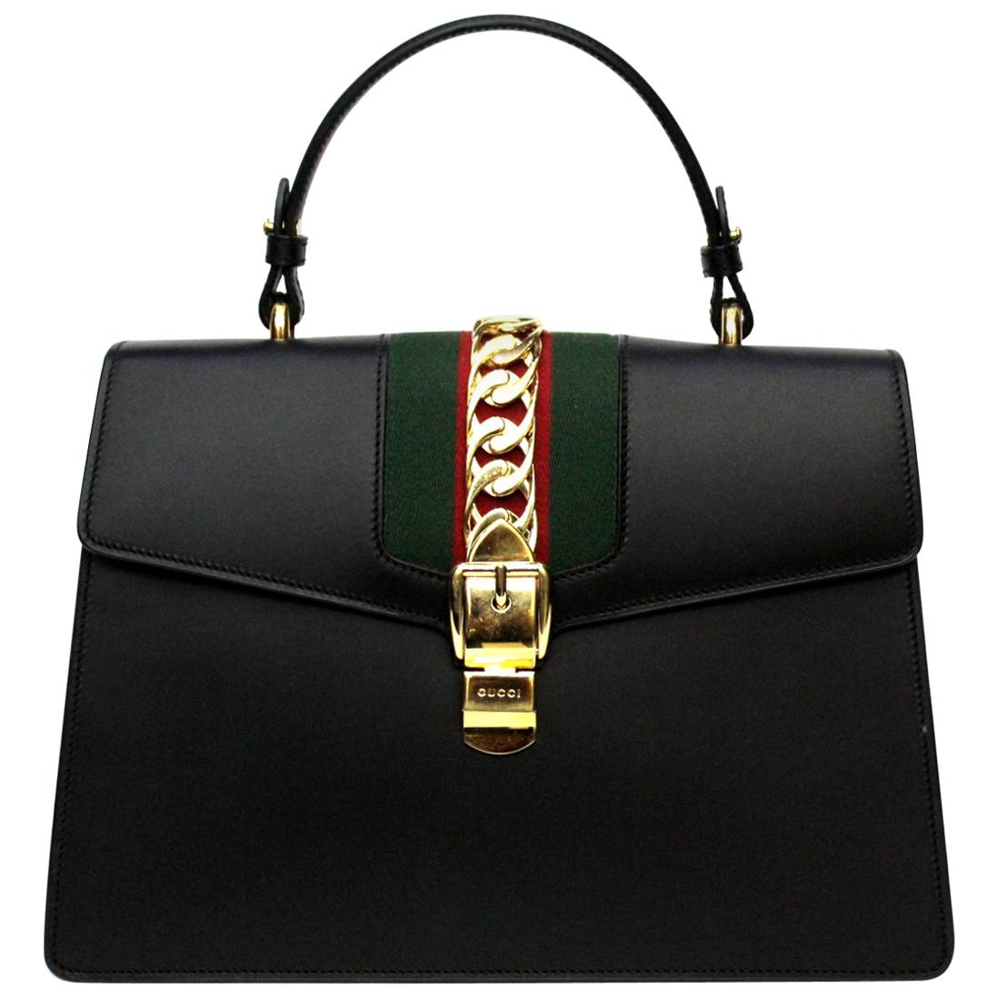 Gucci Sylvie Medium Black Leather Top Handle Bag