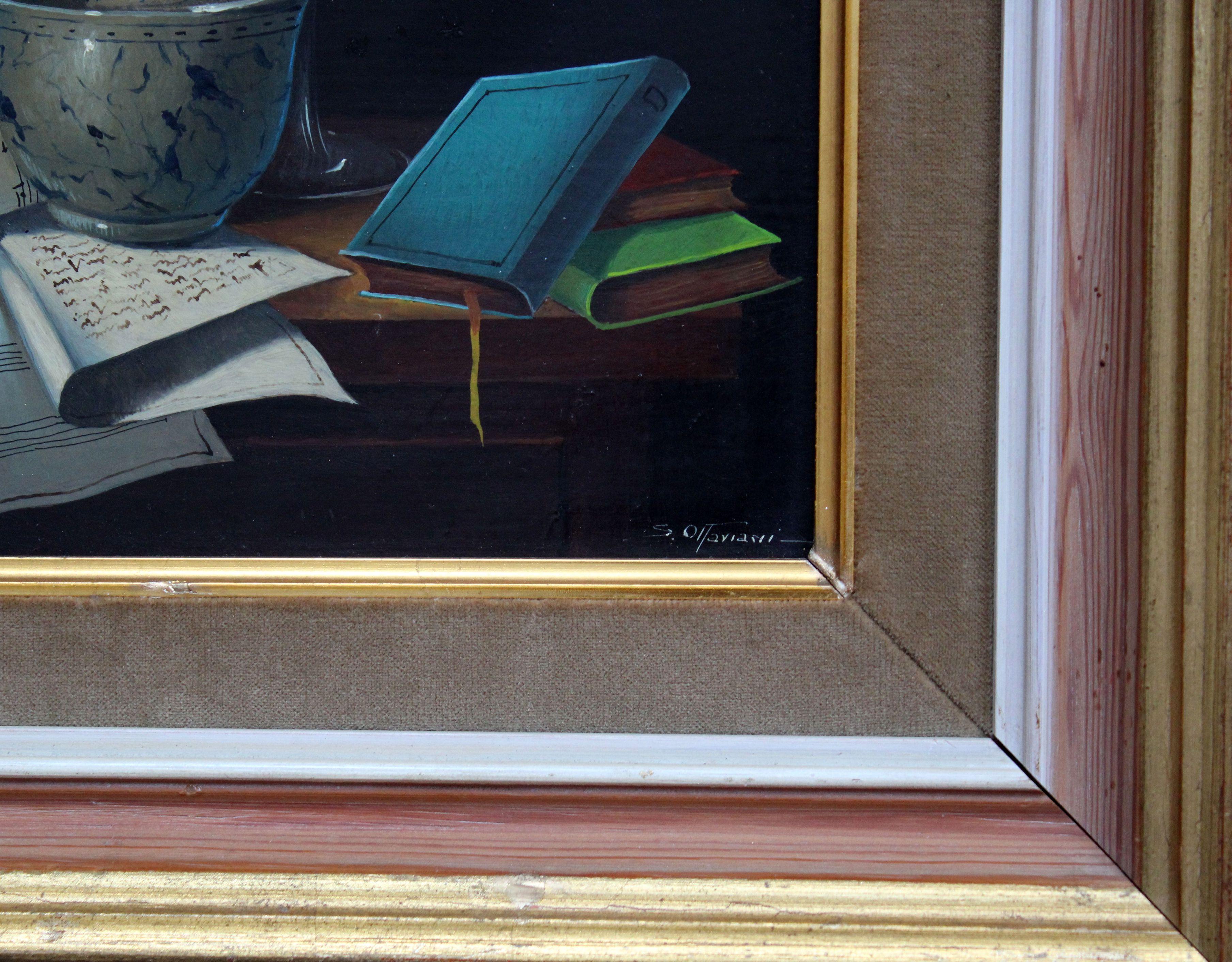 Still Life. Wood, oil, 25.5x22 cm

Realistic still life with glasses, books, on black background. Artwork is framed, size without frame 

