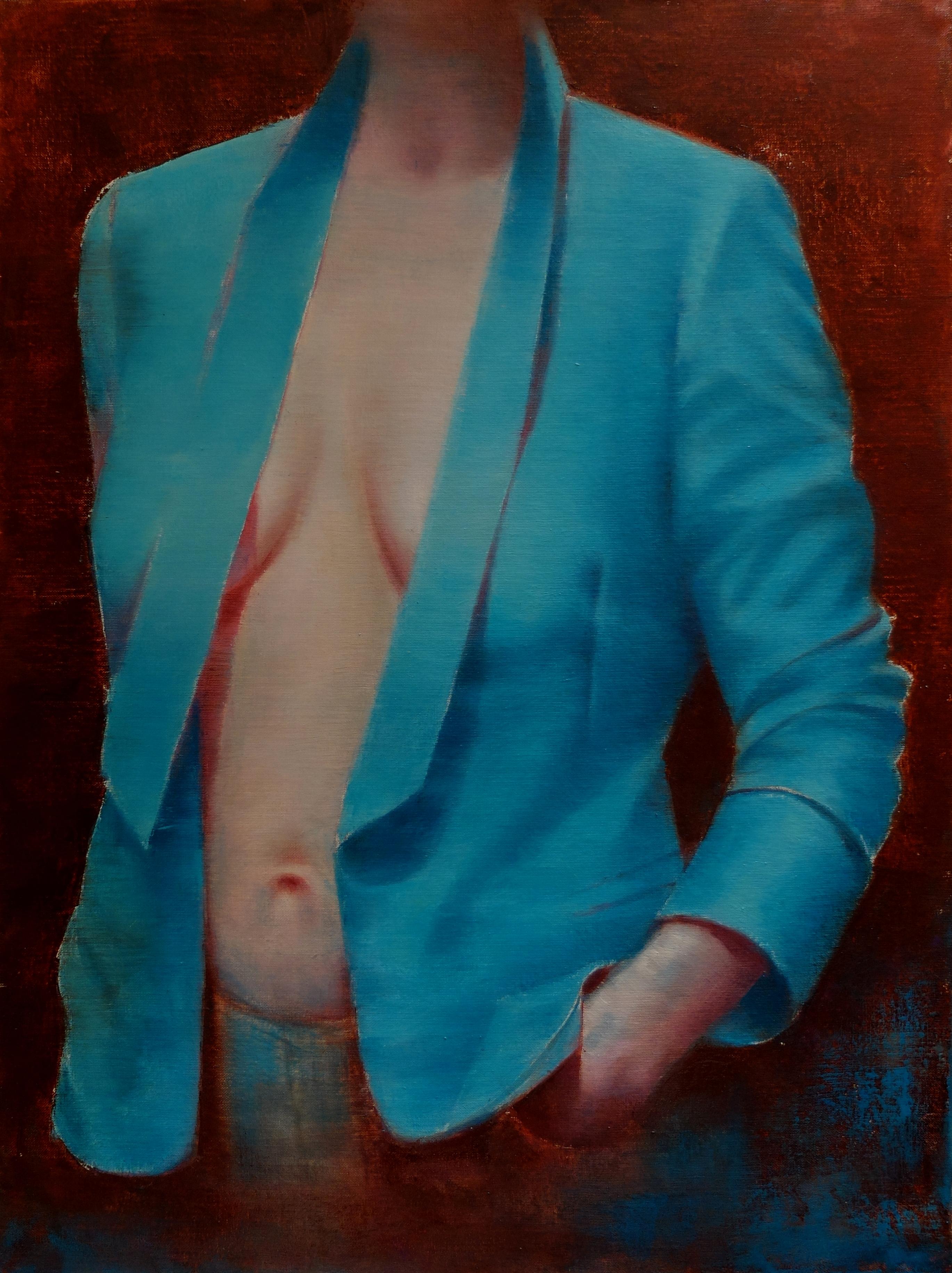 Dressing Room II - Modern Figurative Oil Painting, Women Portrait, Realism, Blue