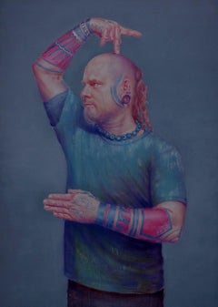 Shaman - Modern Photorealistic Oil Painting, Male Portrait, Blue Painting
