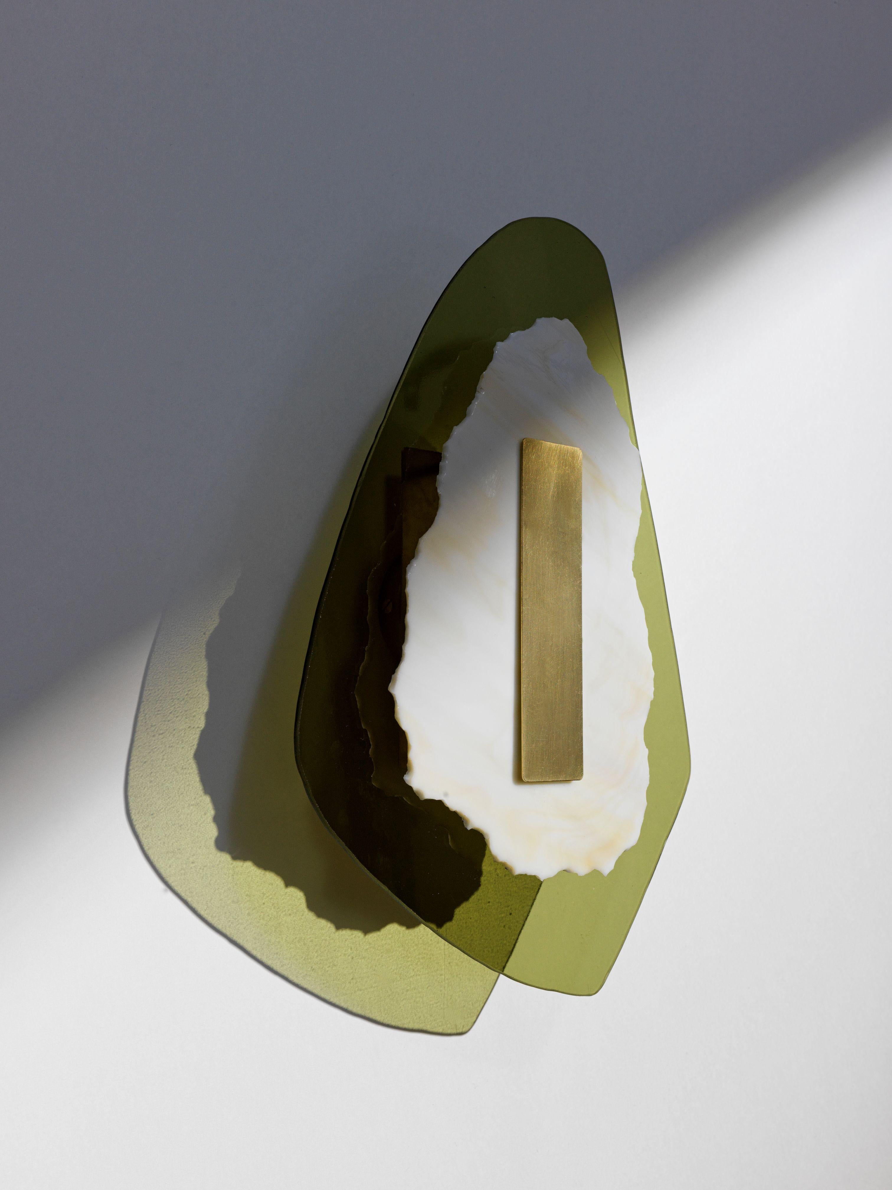 Organic Modern Semi-Opaque Green Marbled Glass, Brushed Brass Light Sculpture by Marie Jeunet For Sale