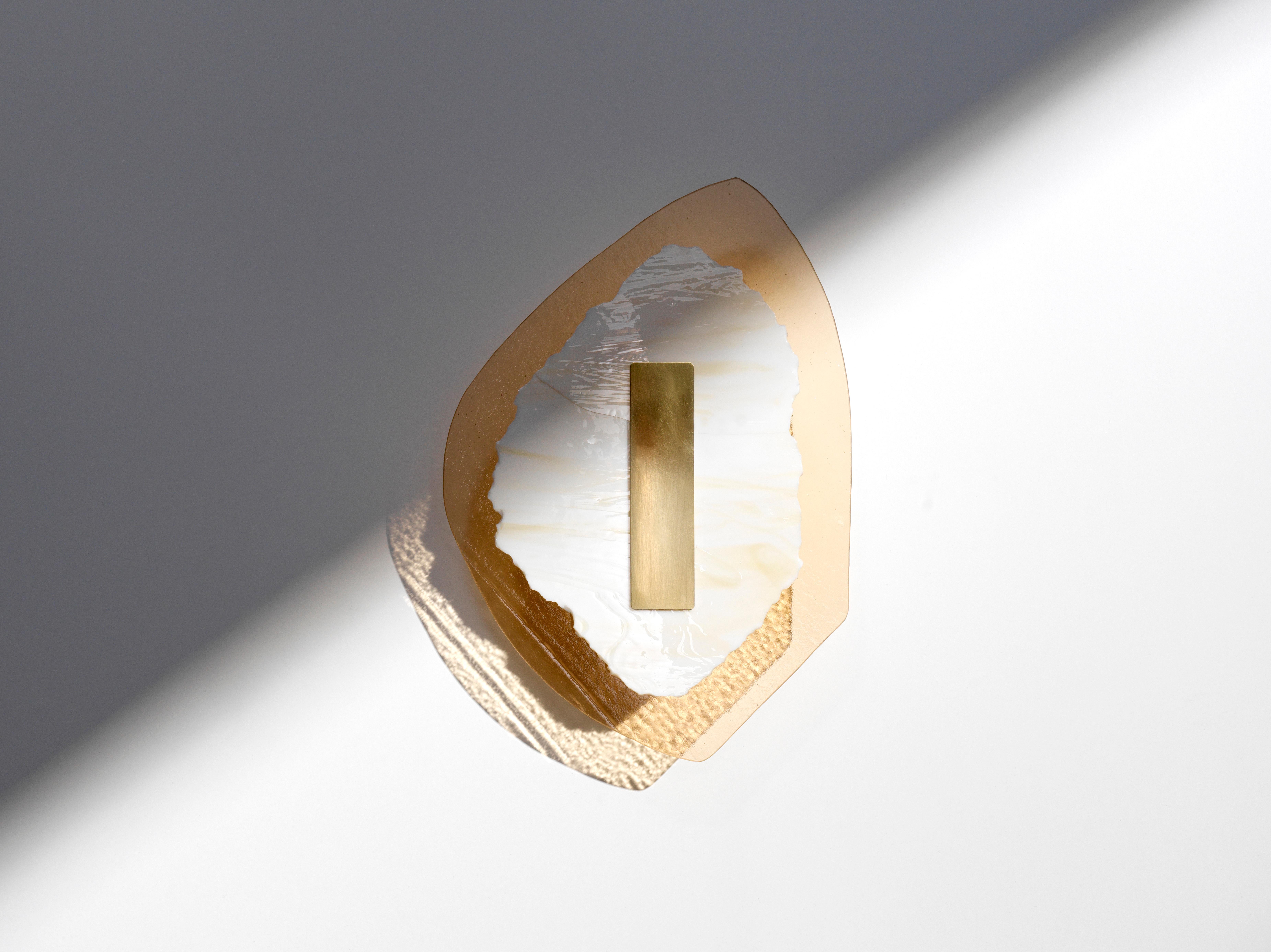 French Semi-Opaque Pink Marbled Glass, Brushed Brass Light Sculpture by Marie Jeunet For Sale