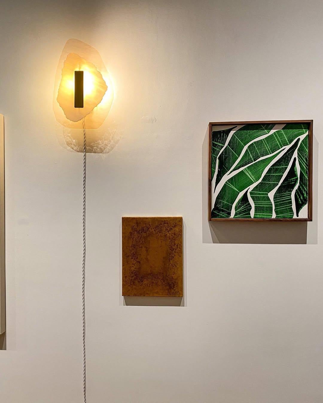 Post-Modern Semi-Opaque Pink Marbled Glass, Brushed Brass Light Sculpture by Marie Jeunet For Sale