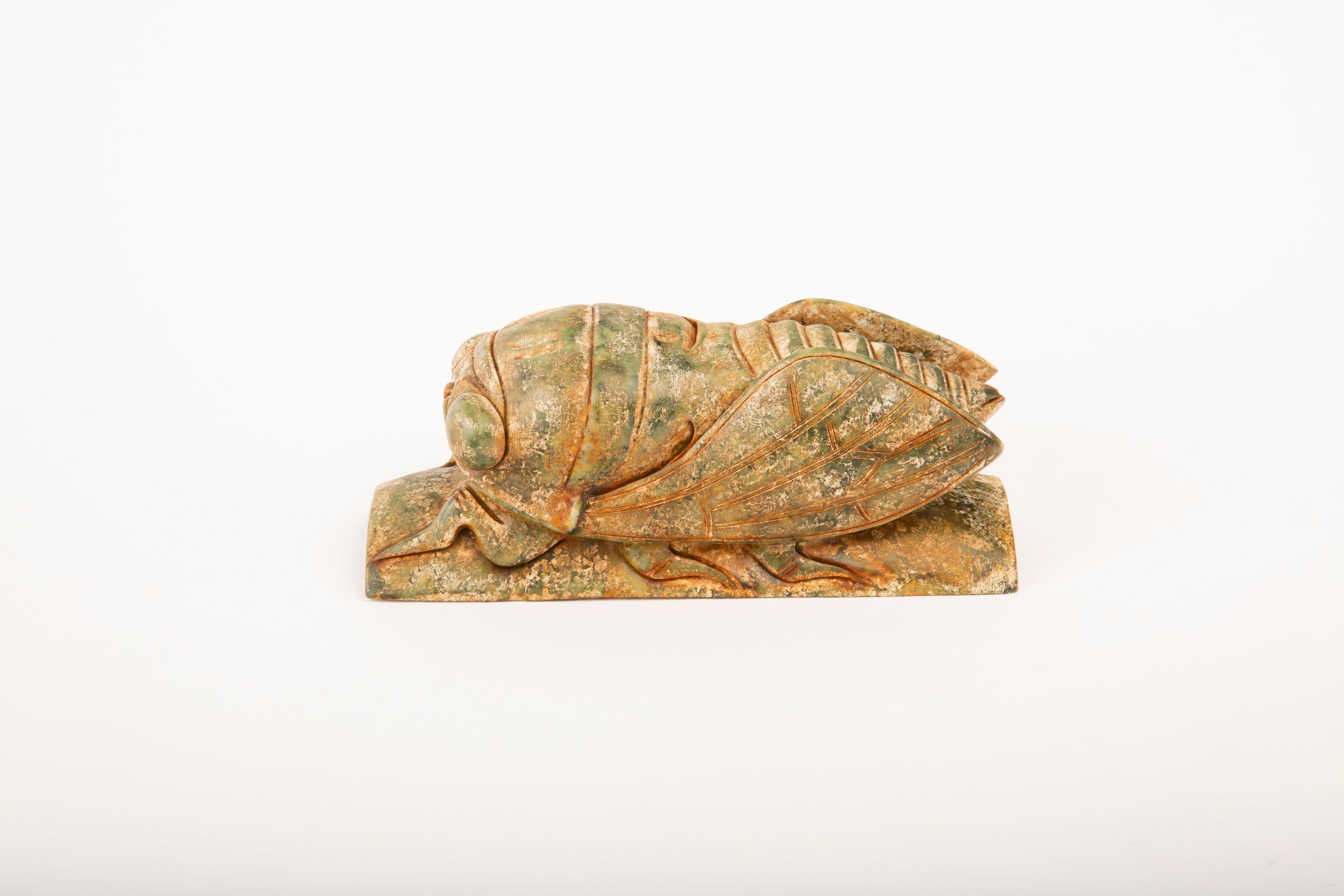 Diese fein geschnitzte Cicada-Skulptur aus Jade fängt die filigranen Details und die stilisierte Form des verehrten Insekts ein, das in der chinesischen Kultur als kraftvolles Symbol für Wiedergeburt, Unsterblichkeit und spirituellen Schutz gilt.