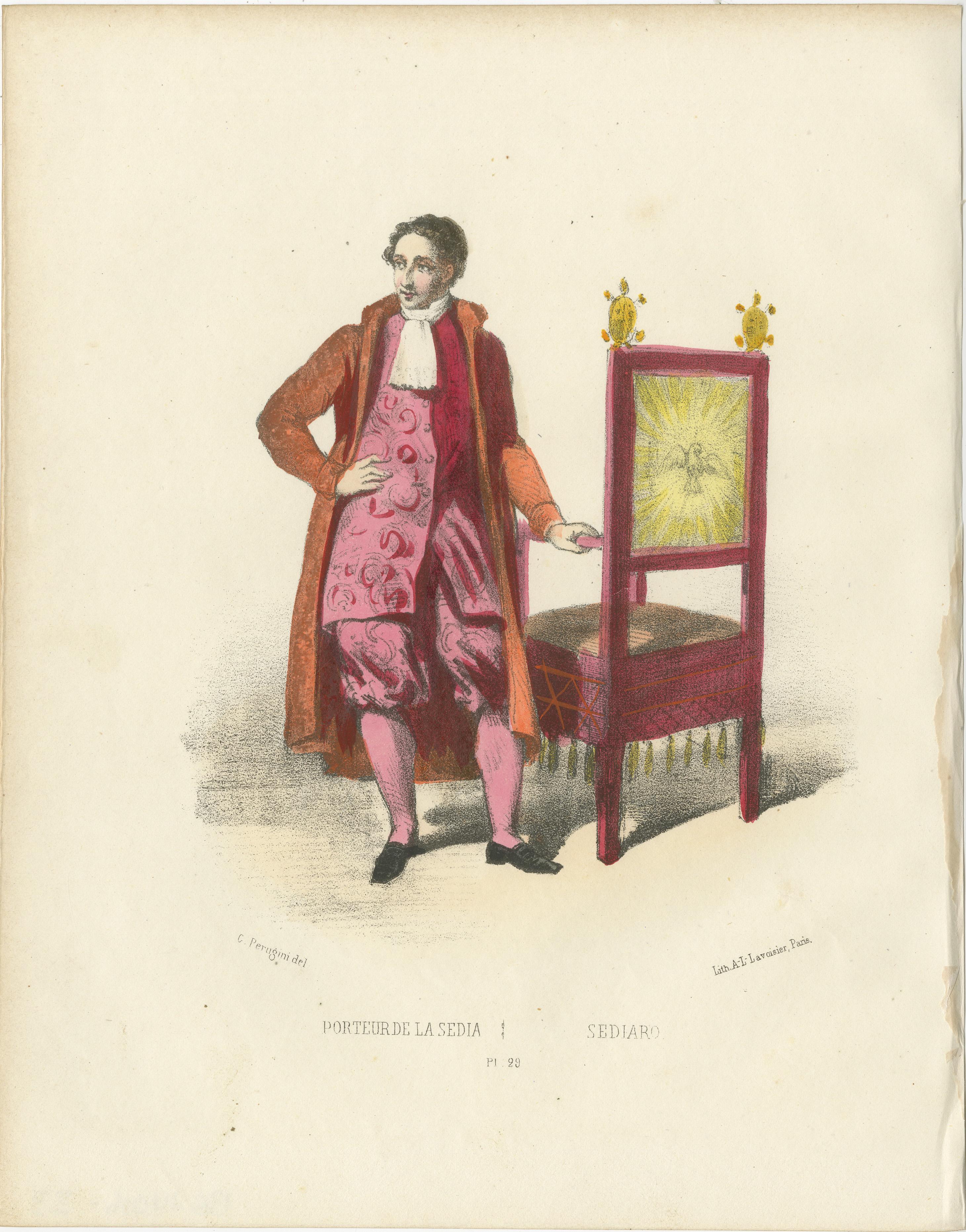 Símbolo de Servicio: Grabado coloreado a mano de un Portador de Silla Sedia, Lámina 29, 1862  

Esta vibrante litografía coloreada a mano, Símbolo de servicio, es la lámina 29 de la segunda edición de 1862 de Album ou Collection Complète, et