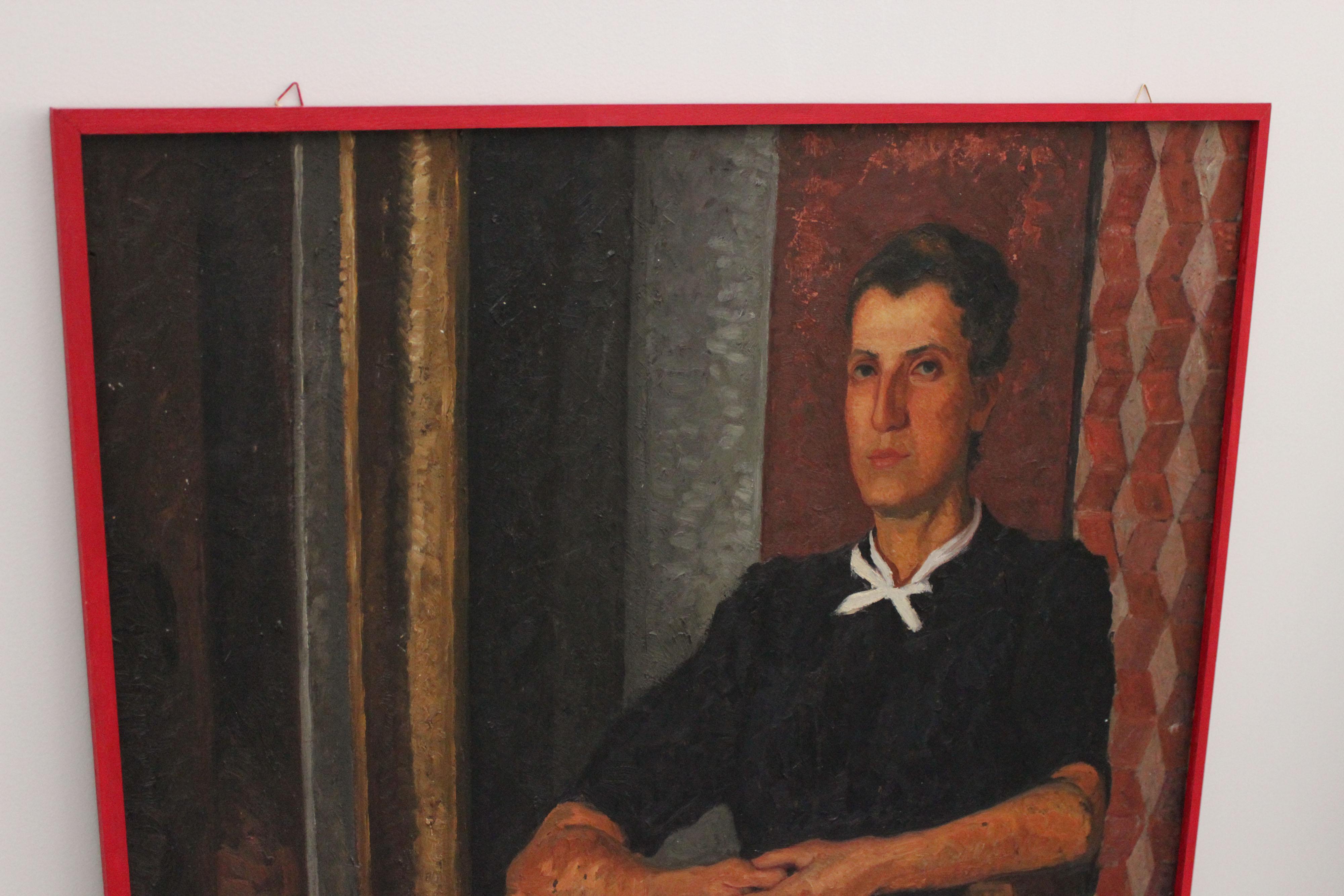 Huile sur panneau d'inspiration symboliste et métaphysique représentant un jeune homme inséré dans un contexte fort de composition presque géométrique. Le portrait ne se veut pas décoratif ou gracieux. La figure est peinte avec des coups de pinceau
