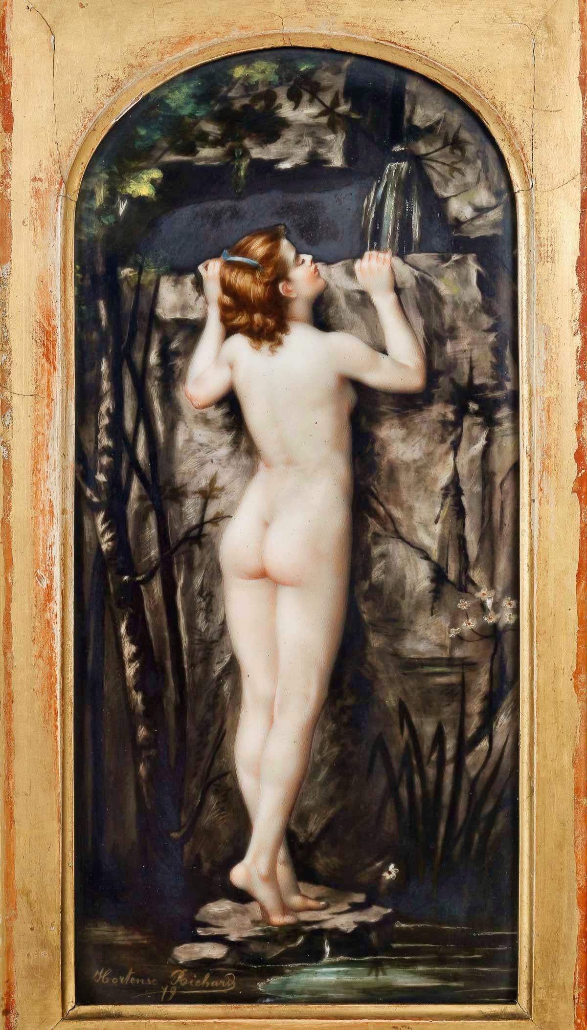 Hand-painted Polychromed Porcelain Plaque 
Symbolist period and theme, depicting a naked woman at the foot of a Source
Signed and dated 79 lower left
In its original frame in blackened and gilt lacquered wood  and patinated bronze, 
titled «The