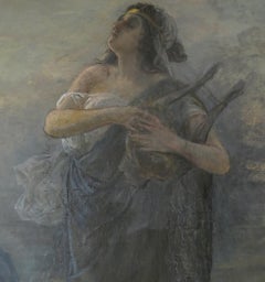 Dama con arpa - Pintura al óleo del pintor simbolista - Siglo XIX