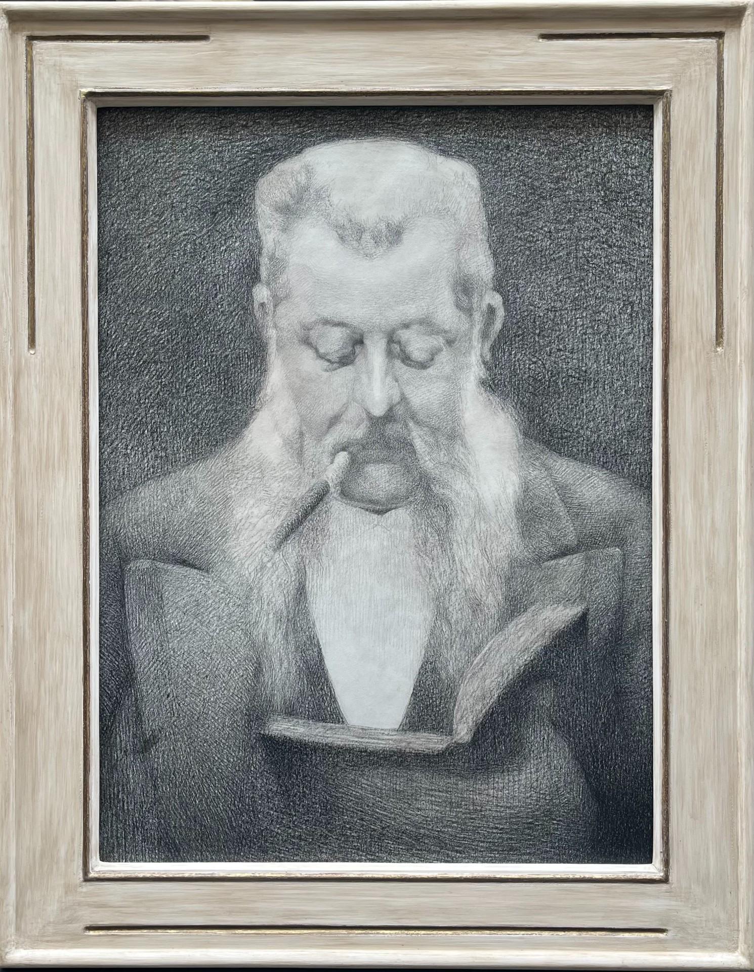 Escuela Simbolista
Hombre fumando un puro
Lápiz sobre papel
Tamaño de la imagen: 59,8 x 44,4 cm (23 1/2 x 17 1/2 pulgadas)
Marco tallado a mano de estilo contemporáneo

Este dibujo representa a un hombre mayor sumido en sus pensamientos mientras lee