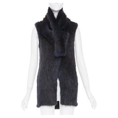 SYMETRIE PARIS black navy genuine fur satin snap buttons collared long gilet M