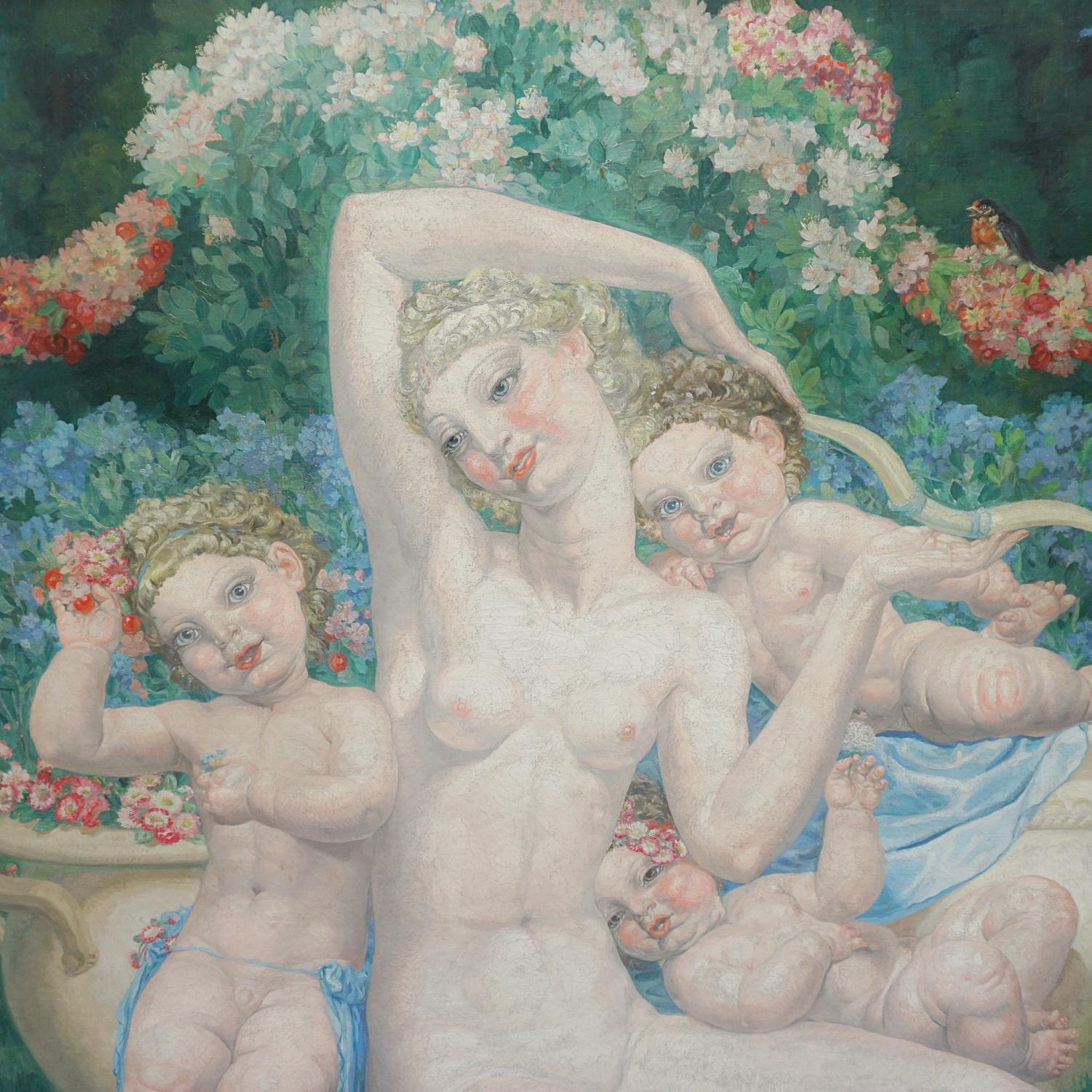 'Symphonie d'Azur' A large Art Deco painting by Valentine Lecomte. Depicting an allegory of love and lost innocence. Possibly Venus with Cupid and Cherubim surrounding her. Taking influences from Venetian mannerist art. Signed V Lacomte and dated