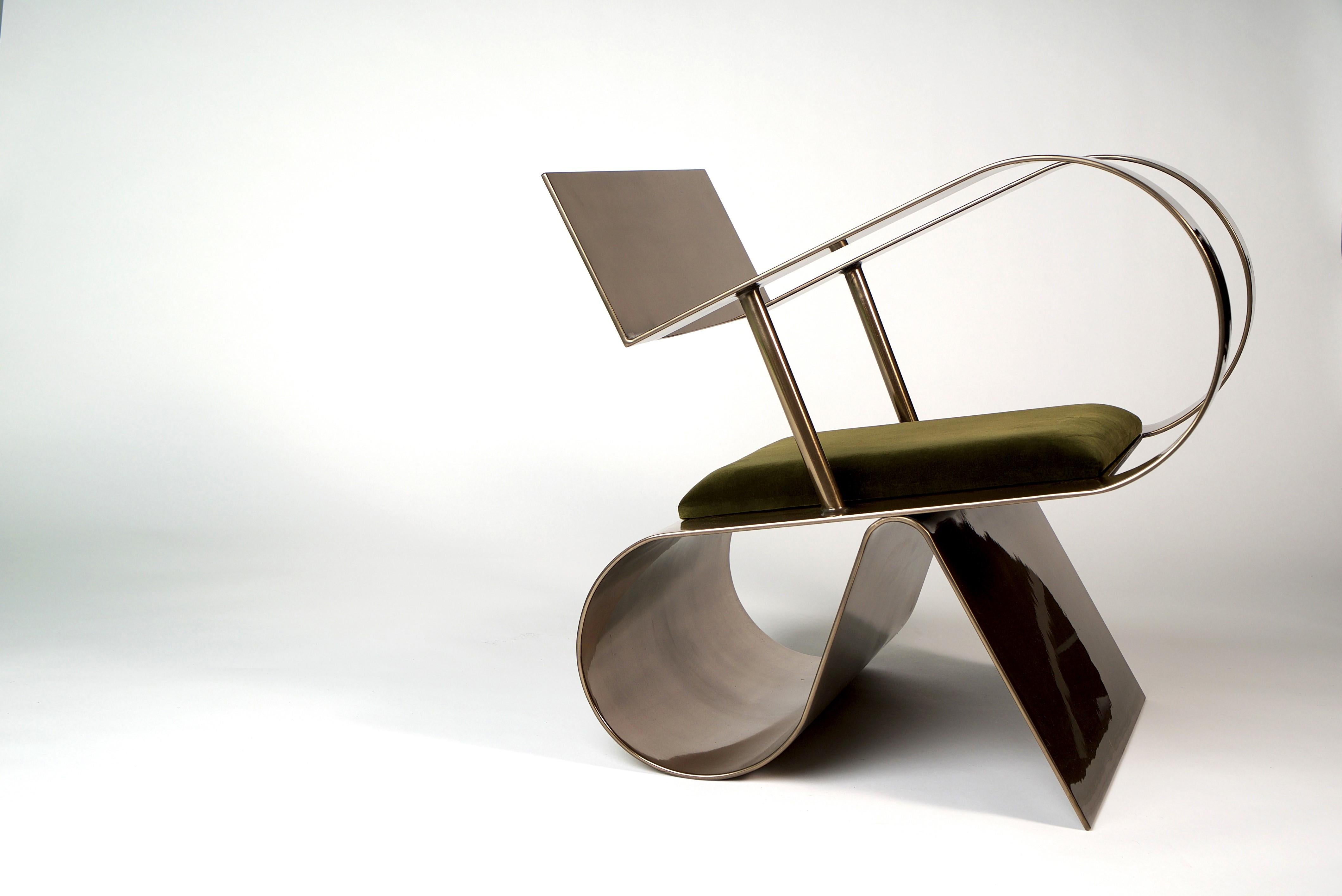 Symphony chair by Jason Mizrahi
Dimensions: W 45.72 x D 81.28 x H 71.12 cm
Materials: Aluminum with bronze powder, coat finish
Stain/Color/Finish: Customized upon request
Seat cushion: Shown in velvet (customized upon request)

Jason Mizrahi