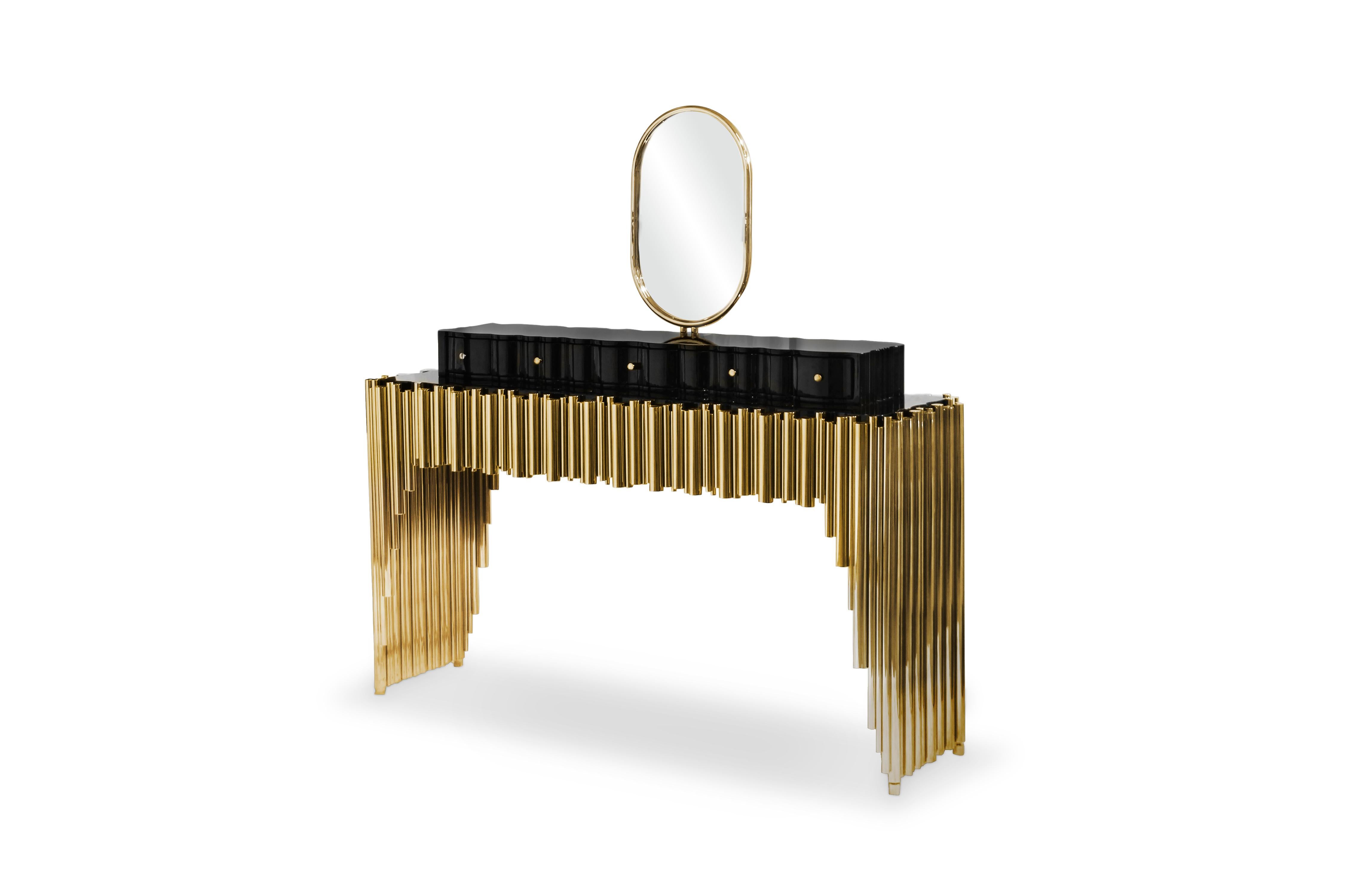 The Symphony dressing table draws inspiration from church organ tubes, as well as the curves of a violin. Like all of Maison Valentina’s designs, the Symphony dressing table is handmade by experienced artisans, each with different specialties, from