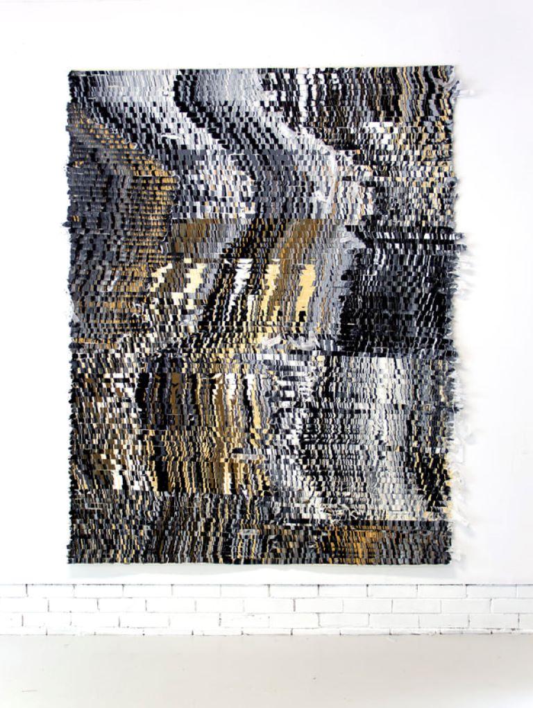 Kenny Nguyen creates what he calls “deconstructed paintings”, large, bold works that are comprised of hundreds of silk strips, which he cuts, paints, and meticulously applies onto canvas. The pieces may be hung in different iterations: sculpturally