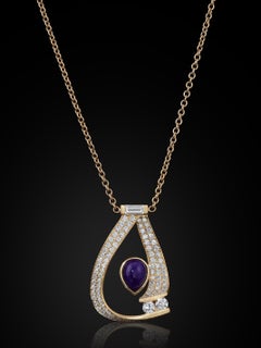 Symphony Pave and Round Diamonds Inverted Pear Sugilite Necklace in 18k Gold