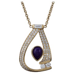 Symphony Pave and Round Diamonds Inverted Pear Sugilite Necklace in 18k Gold
