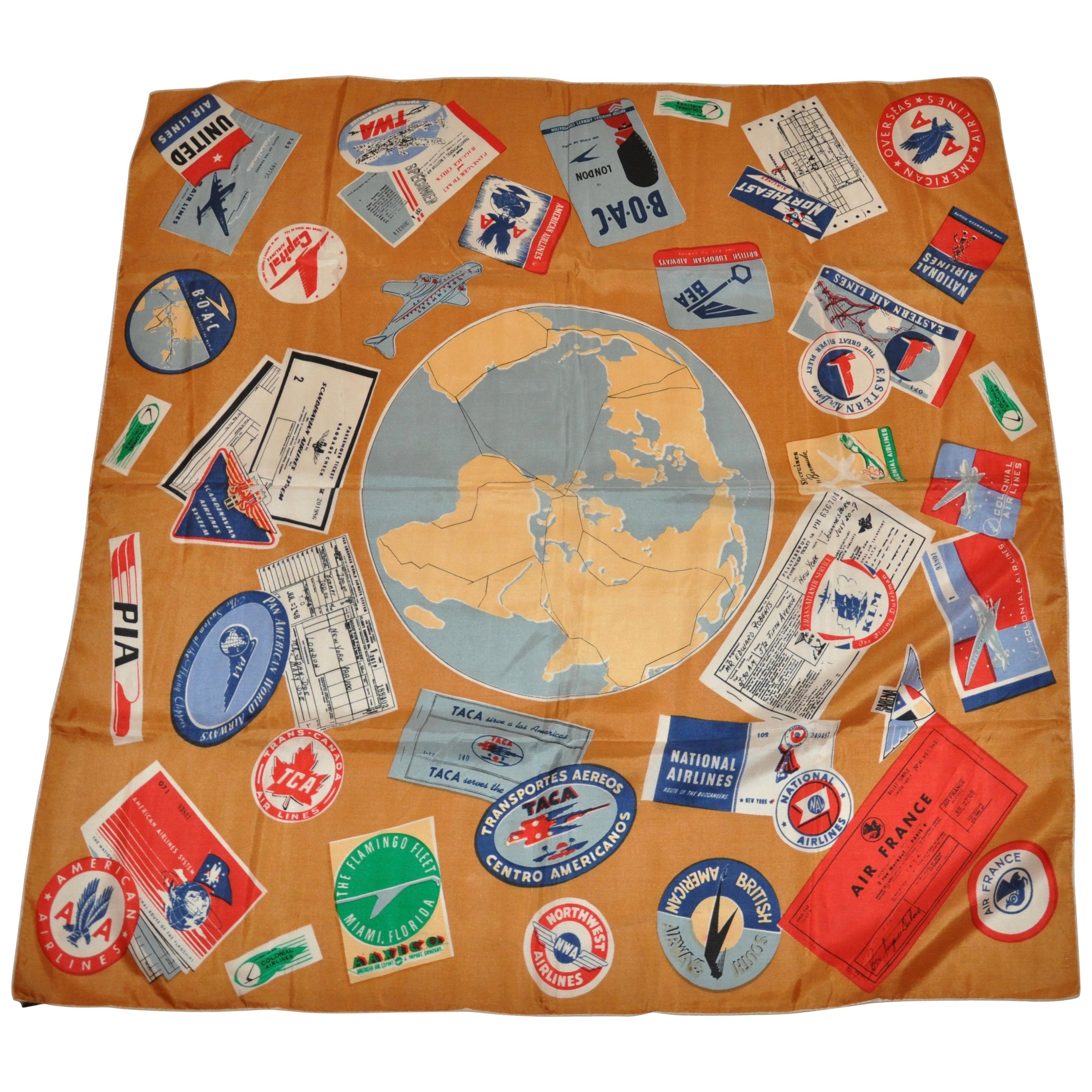 Symphony Scarfs "Airlines of World Travels" Silk Scarf For Sale