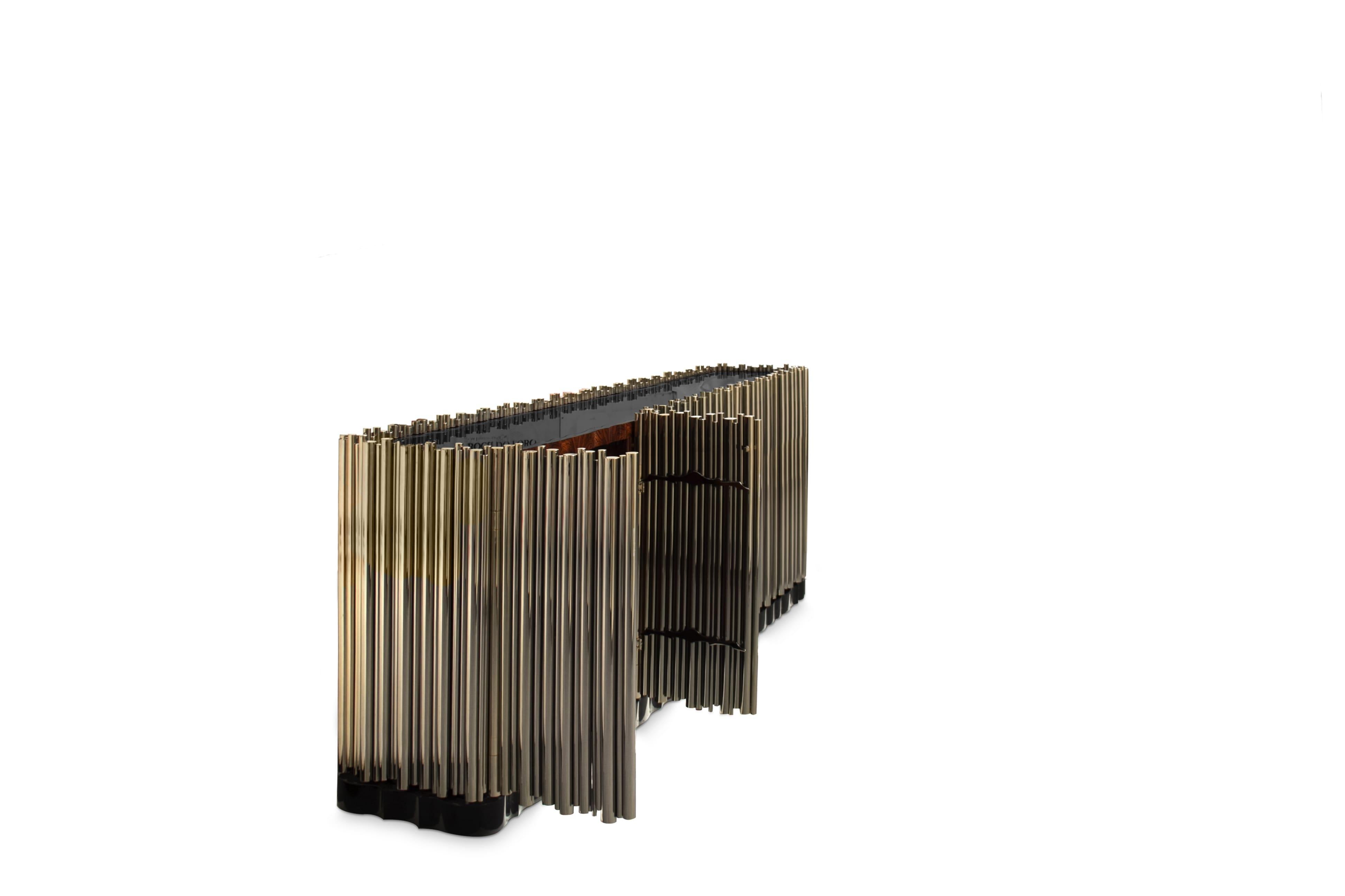 Wood Modern Symphony Sideboard 4-Door in Gold Plated Brass Tubes by Boca do Lobo For Sale