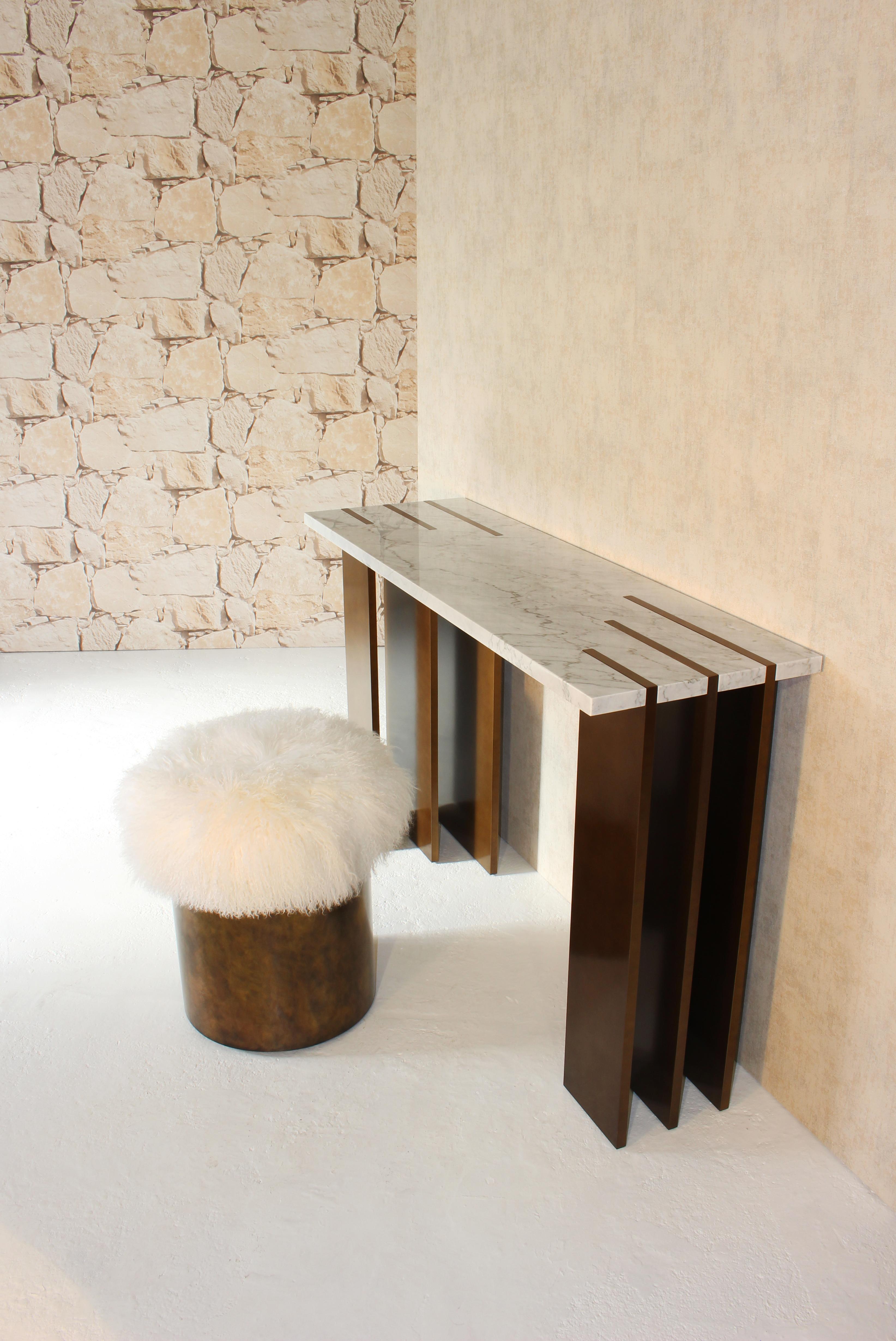 Modern Symphony Stool, Fur and Rustic Brass, InsidherLand by Joana Santos Barbosa For Sale