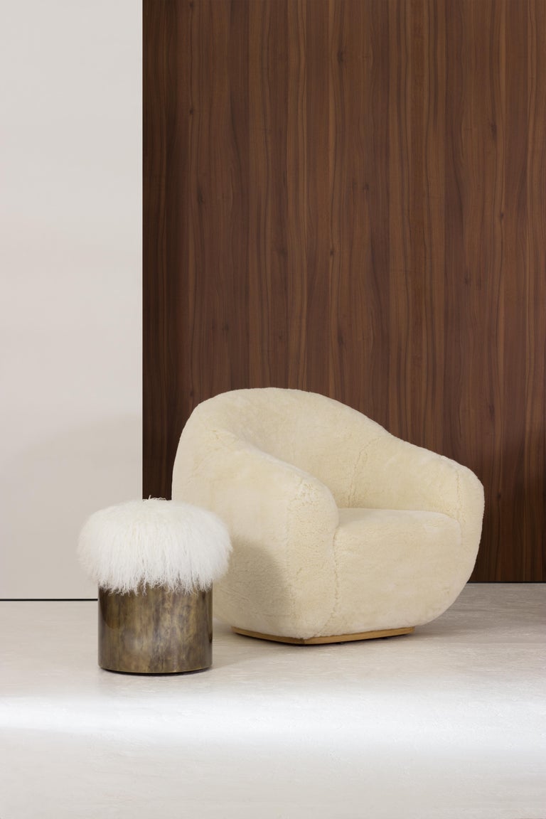 Portuguese Symphony Stool, Fur and Rustic Brass, InsidherLand by Joana Santos Barbosa For Sale