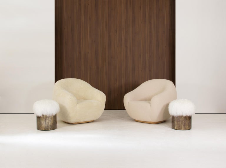 Brushed Symphony Stool, Fur and Rustic Brass, InsidherLand by Joana Santos Barbosa For Sale