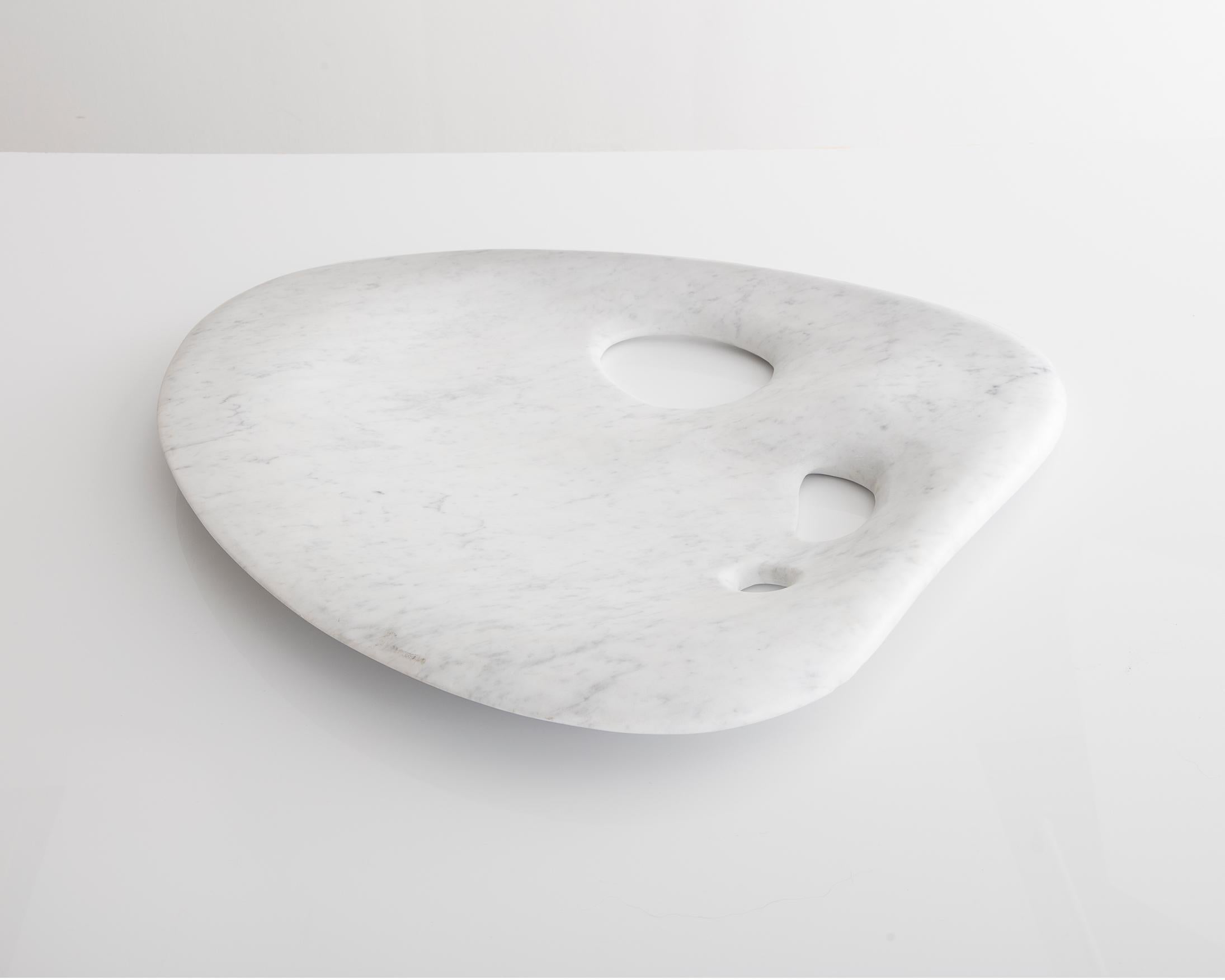Sculptural Symphysodon disc in Carrera marble. Designed and made by Rogan Gregory, USA, 2017.
 