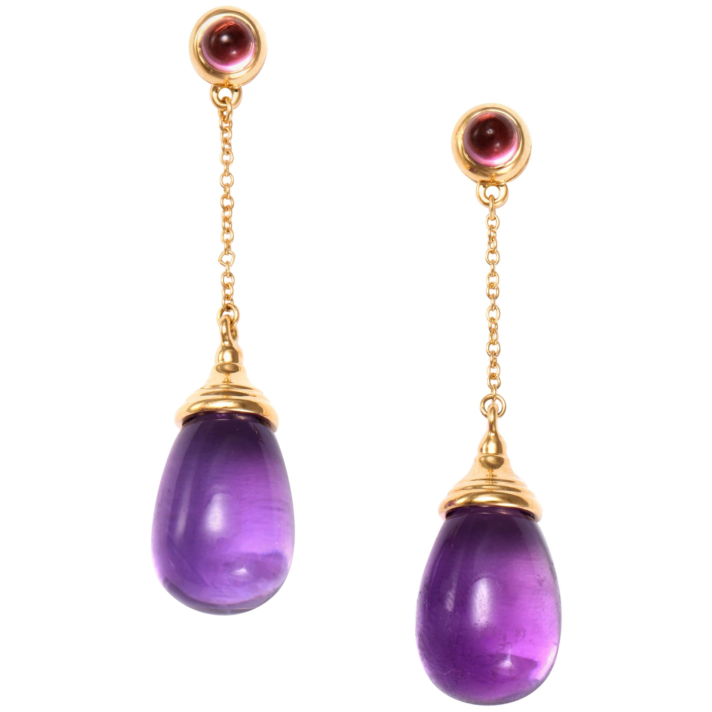 Syna Amethyst and Rubellite Yellow Gold Mogul Drop Earrings For Sale